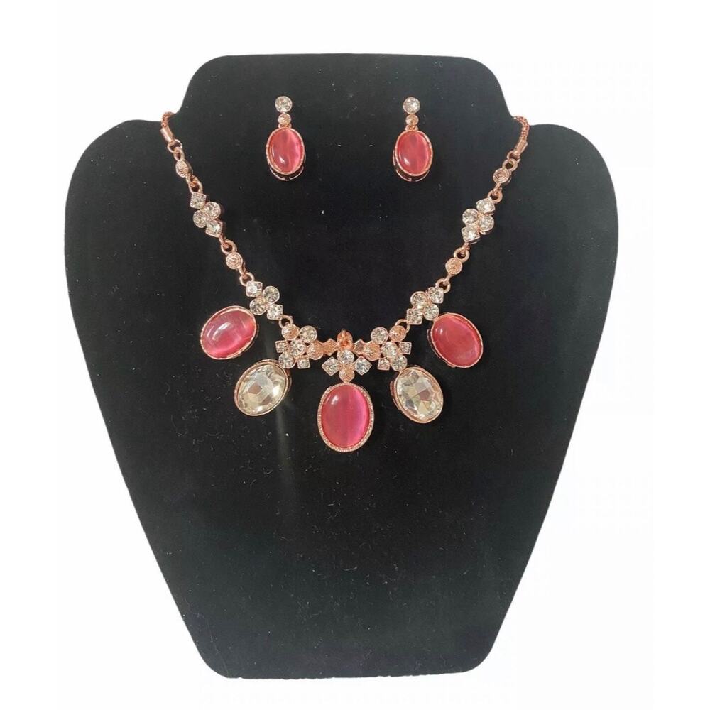 Pink Crystal Statement Necklace Set Rose Gold Tone Matching Earrings